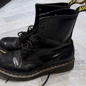 Dr. Martens Black Leather Lace-Up 8-Eye Boots with Yellow Welt Stitching